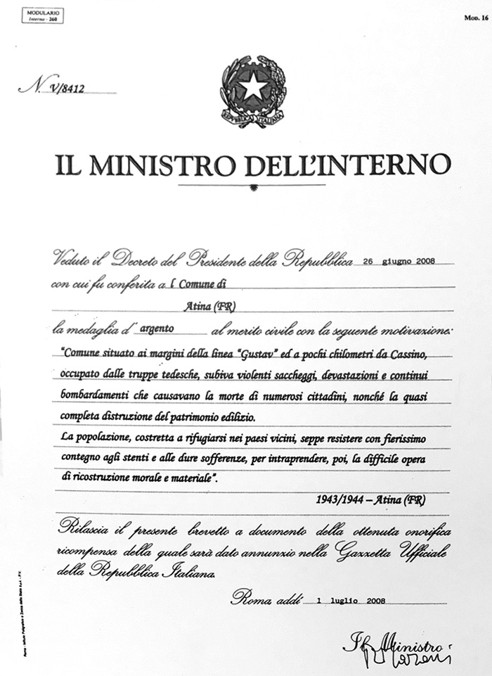 Medaglia al merito civile al Comune di Atina
